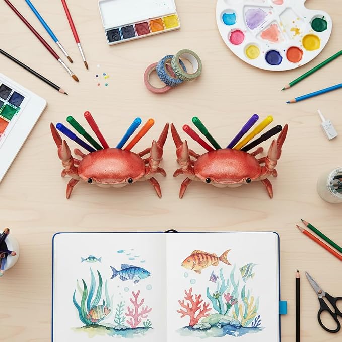 2PcsCreative Crab Pen Holder Weightlifting Crabs Pen Stand Storage Rack, Office Desktop Decoration, Pencil Holders Desk Supplies Holders and Dispensers, Desk Accessories and Workspace Organizers (Red)