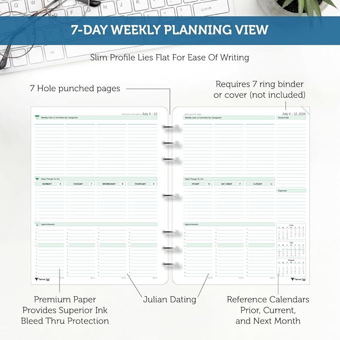 Planner Pad 7 Hole Loose Leaf July 2026 – June 2027 / Academic Year 8 1/2" x 11” 3-Tier Funnel Down 12 Month Large Size Organizer, Soft Green Ink