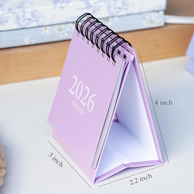 Mini Desk Calendar 2026-2027, January 2026 until July 2027, Small Desk Calendar Standing Flip Monthly Calendar Twin-Wire Binding with Stickers for Home Office School (Purple)