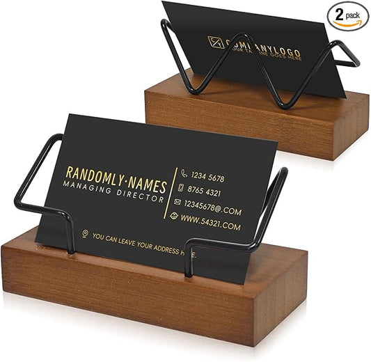 2 Pack Wood Business Card Holder for Desk, Wooden Business Name Card Display Stand Postcard Holder for Office Home Desktop,Desk Accessory Business Name Card Organizer(Walnut Color, Black)