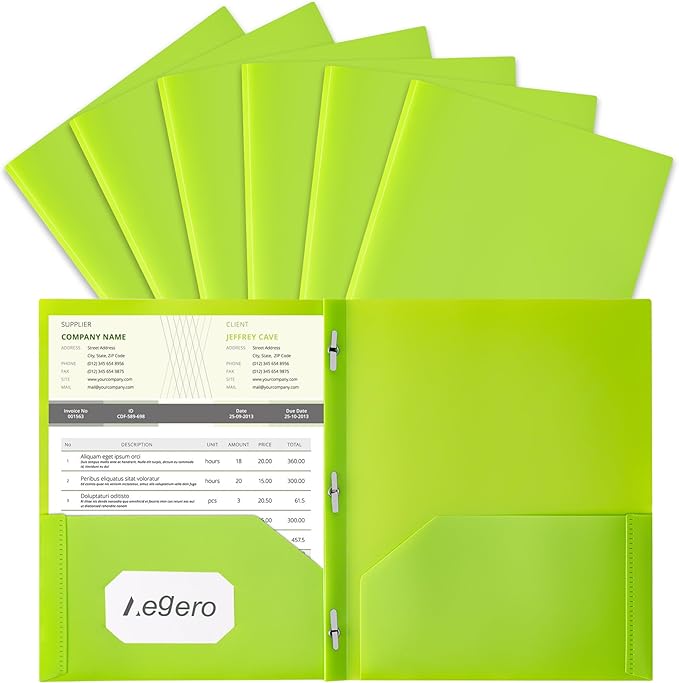 Aegero Folders with Pockets and Prong with Fasteners (6 Pack,Green),Durable Plastic Pocket Folders with Prongs,Tear Resistant,2 Pocket 3 Prong Folders for Schoolwork & Office,Letter Size