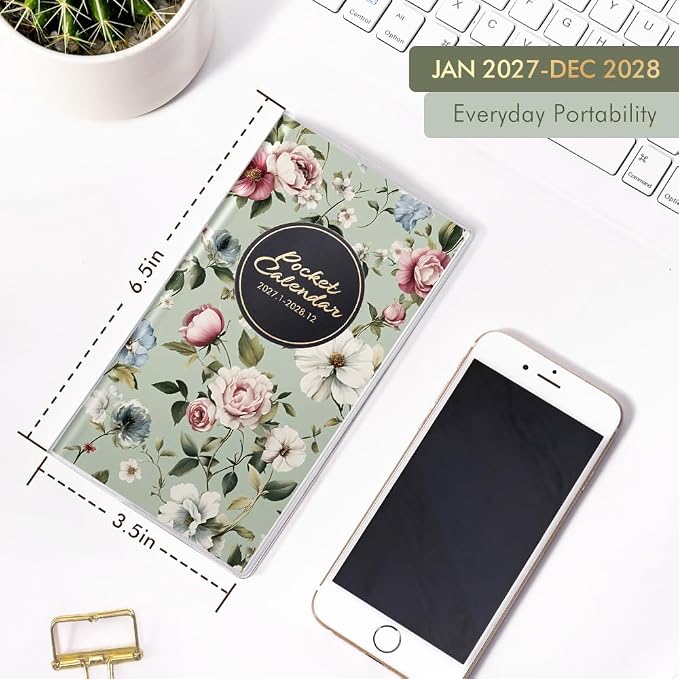 Pocket Calendar 2027-2028 for Purse, Small Pocket Planner 2027-2028 for Purse 3.5×6.5In, 24 Month Organizer from Jan 2027- Dec 2028 Mini Planner with Pvc Cover for Organizing & Planning