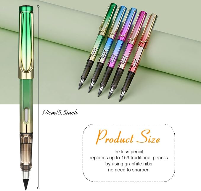 Ainiv Inkless Pencil with Eraser - 5 Sets Infinity Pencil, Reusable with Extra 5 Eraser & 5 Replaceable Nibs for Home, Office & School Writing, Drawing