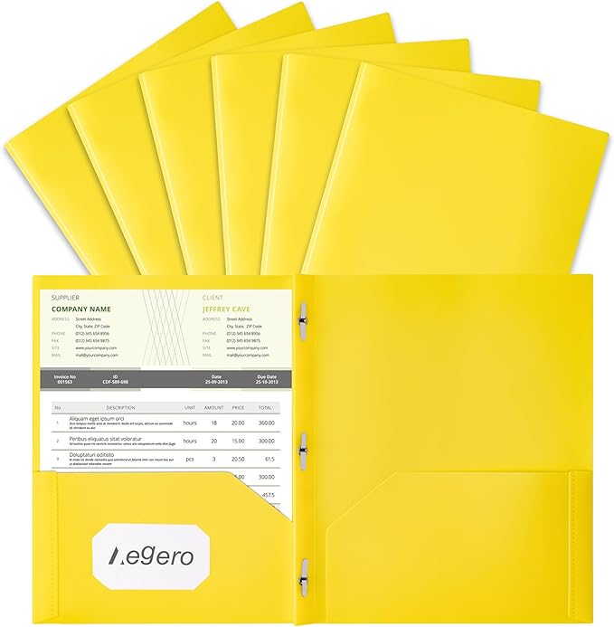 Aegero Folders with Pockets and Prong with Fasteners (6 Pack,Yellow),Durable Plastic Pocket Folders with Prongs,Tear Resistant,2 Pocket 3 Prong Folders for Schoolwork & Office,Letter Size