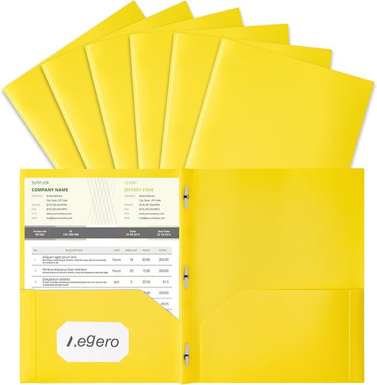 Aegero Folders with Pockets and Prong with Fasteners (6 Pack,Yellow),Durable Plastic Pocket Folders with Prongs,Tear Resistant,2 Pocket 3 Prong Folders for Schoolwork & Office,Letter Size