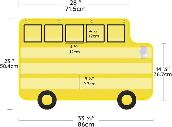 Pocket Chart for Classroom, 33 ⅞ " x 22" Large School Bus Shaped Pocket Charts for Kids, Back to School Supplies, Classroom Decor Hanging Pocket Charts with 8 Sentence Strips Holder (Yellow)