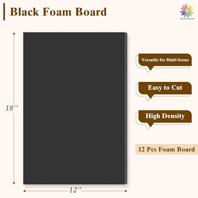 Mat Board Center, 12 Pack 12x18 Black Foam Boards, Acid Free Foam Core Board, 1/8 inch Thick