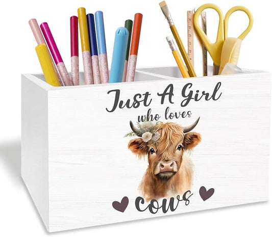 Floral Highland Cow Pen Holder for Desk, Highland Cow Gifts for Women Pencil Organizer, Just a Girl Who Loves Cows Wooden Box Sign Desk Decor for Home Office Decoration