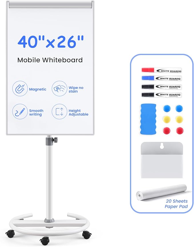 MAKELLO Rolling Whiteboard, Height Adjustable Dry Erase Board on Wheels, Mobile White Board for Office School Classroom Home Restaurant, Aluminum Frame, 40x26 in