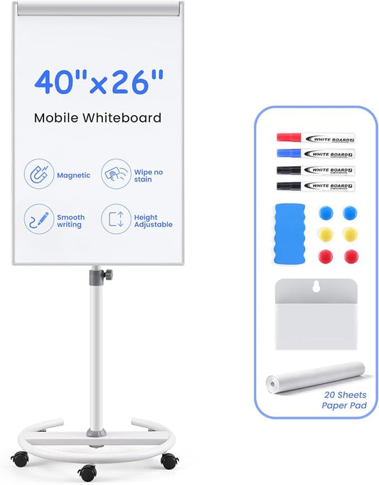 MAKELLO Rolling Whiteboard, Height Adjustable Dry Erase Board on Wheels, Mobile White Board for Office School Classroom Home Restaurant, Aluminum Frame, 40x26 in