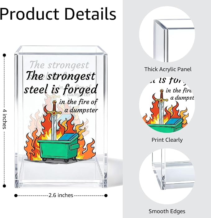 The Strongest Steel Acrylic Cosmetic Organizer Pen Holder, Funny Dumpster Fire Acrylic Desk Holder Cup for Pen Pencil, Inspirational Office Gifts for Coworker Team Manager Leader Mentor