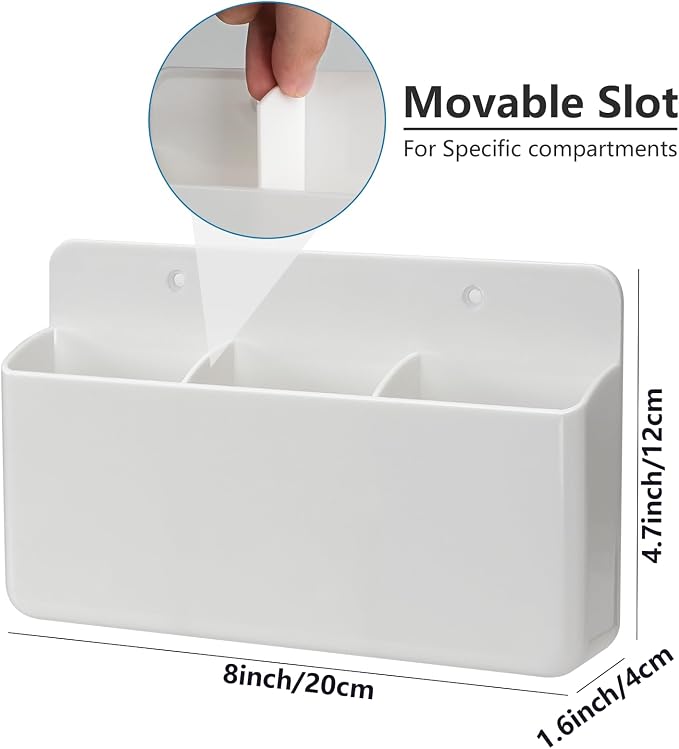 Remote Control Holder, White, 2 Packs | 3 Slot Wall Mount, Self Adhesive, For TV Remote Marker Pen, Home Office School Storage