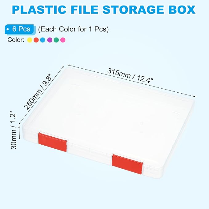 PATIKIL Clear A4 File Portable Project Case with Buckle Plastic Storage Box for 8.5" x 11" Letter Paper Scrapbook Paper Storage Boxes, 6Pcs, 12.4"x9.8"x1.2", Multicolor