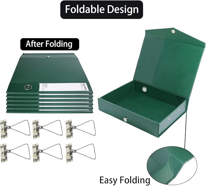 6 Pack Foldable Plastic Box Files A4 with Metal Clip,65mm Spine,Document Archive Folders for Office（Green）