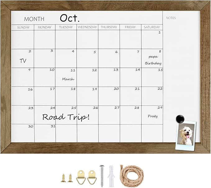 TORASO Dry Erase Monthly Calendar Board, Solid Pine Wood Frame Magnetic Whiteboard for Wall, Office/School/Home, Hanging Board 10.5"x 14.5"(YL-RB-2737-A)