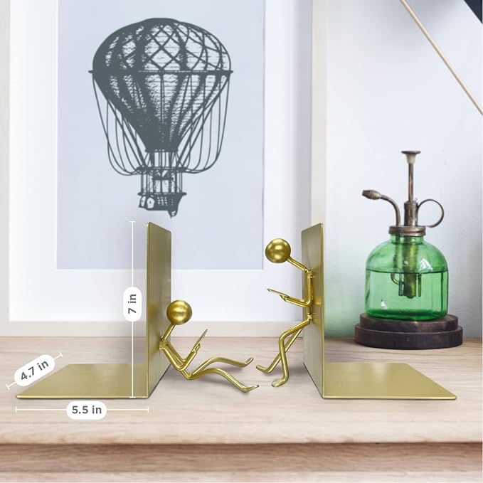 Ottimo Heavy Duty Metal Unique Office Desk Bookends for use as Bookshelf Decor, Home, Office or Kitchen Shelves. Unique, Cute and Decorative Book Stopper to Hold Books, Great Gift Idea (Gold)