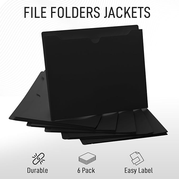 Black File Jackets, 1 Inch Expansion, Letter Size, Reinforced Straight-Cut Tab, 6 Pack