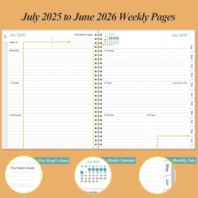 2025-2026 Planner - 8.5" x 11" Weekly Monthly Planner from July 2025 to June 2026, Planners 2026 with 12 Monthly Tabs, Inner Pocket, Elastic Closure, Maple