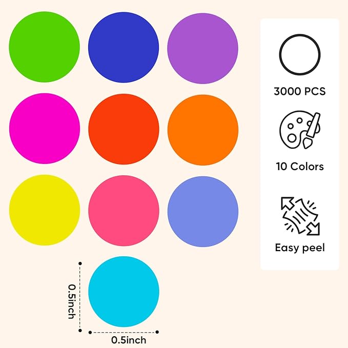 3000 PCS 1/2 Inch Colored Dot Stickers Round Color Coding Labels Circle Dots Labels Price Stickers Polka Circle Dots Sticker Label Sticker for Office, Classroom, Papers Etc