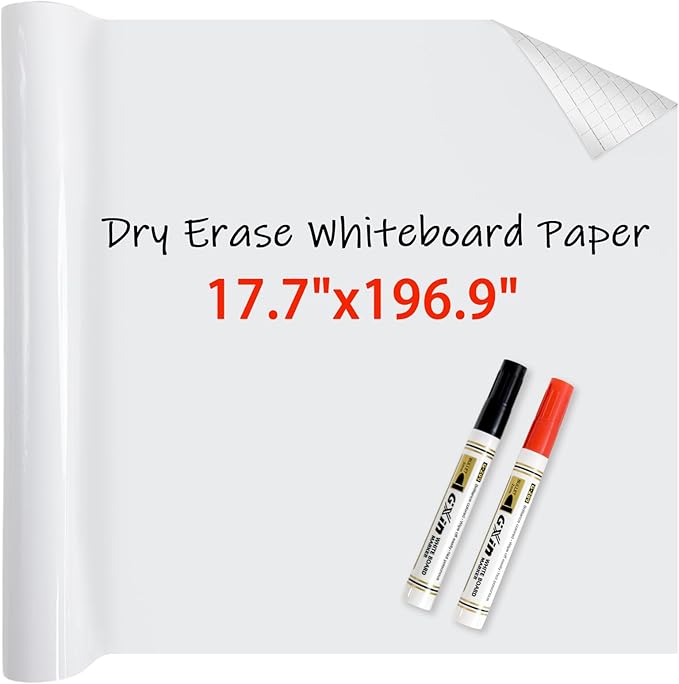White Board Paper with 2 Markers, Dry Erase Contact Paper, Peel and Stick Whiteboard Sticker, Self-Adhesive White Board Roll Wallpaper for Office Work/Home/Drawing (17.7"×196.9")