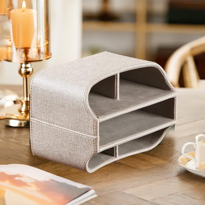 360° Rotating Remote Control Holder, PU Leather TV Remote Caddy Organizer Basket Storage Box with 5 Compartments for Pen, Pencil, Art Supplies, Makeup Brush, Office Desk Table Accessories