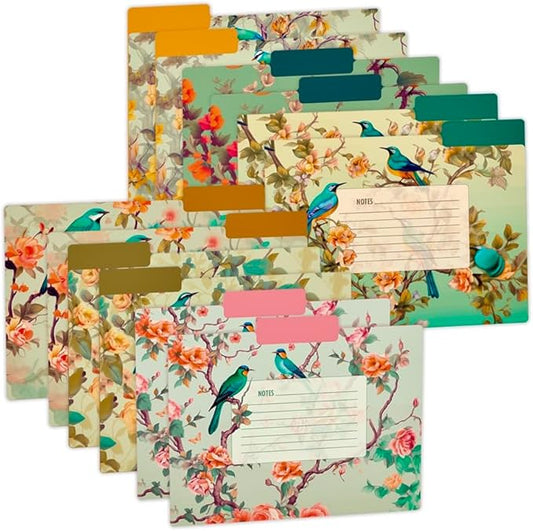 12pcs Decorative File Folders Birds Desing Letter Size, with Notes, Cute Folders with Floral Branches,1/3 Cut Tab, Matte Paper Archival Colored