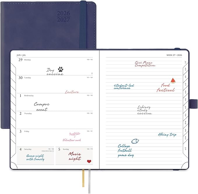 POPRUN Weekly Planner 2026-2027 (Medium 6.5''x 8.5'') Academic Calendar (JUL.26 - JUN.27) Appointment Book with Monthly Tabs, Leather Soft Cover, Inner Pocket, 100 GSM - Navy Blue