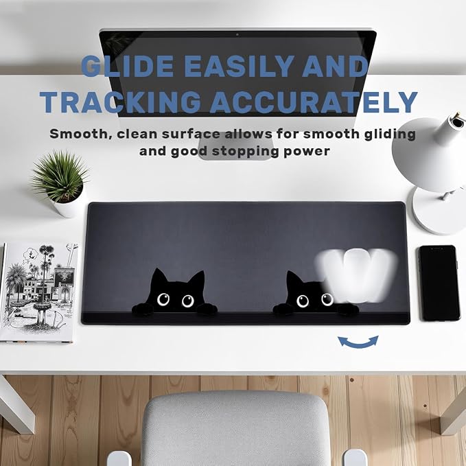 Kawaii Black Cats Desk Mat 35.4 x 15.7 Inches Minimal Black Cat.jpg Gaming Mouse Pad with Non-Slip Rubber Base, Smooth Cloth Surface Desk Keyboard Mat for Computer, PC, Laptop, Desktop