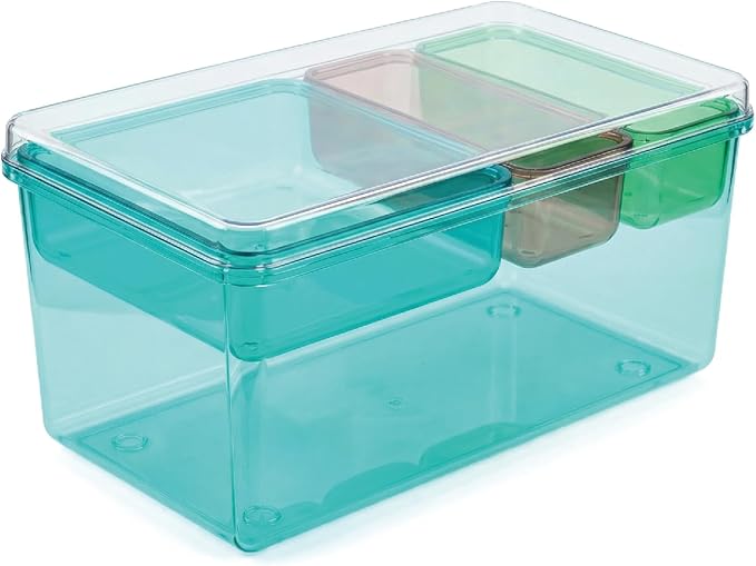MOSSRIVER 4 Pack Clear Drawer Organizer Set, Plastic Desk Organizer Bin with Lid & Trays, Colorful Storage Box with Removable Trays for Cosmetics, Jewelry, Bedroom, Bathroom, Office, Combo 05