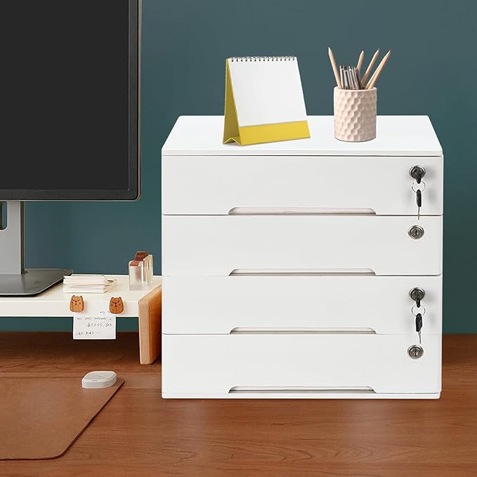 4-Tiers Wooden Desktop Storage Box with Lockable Drawers, Office Supplies File Organizer, Flat File Cabinet Store Stamps, Sticky Notes, Paper Clips, Scissors, for Office, Study, White