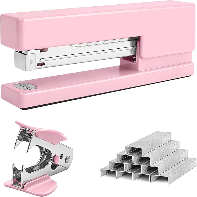 Stapler 25 Sheet Capacity with 830 Staples and Staple Remover, Full Strip Staplers for Desk, No Jam, Non-Slip for Office & School, Pink