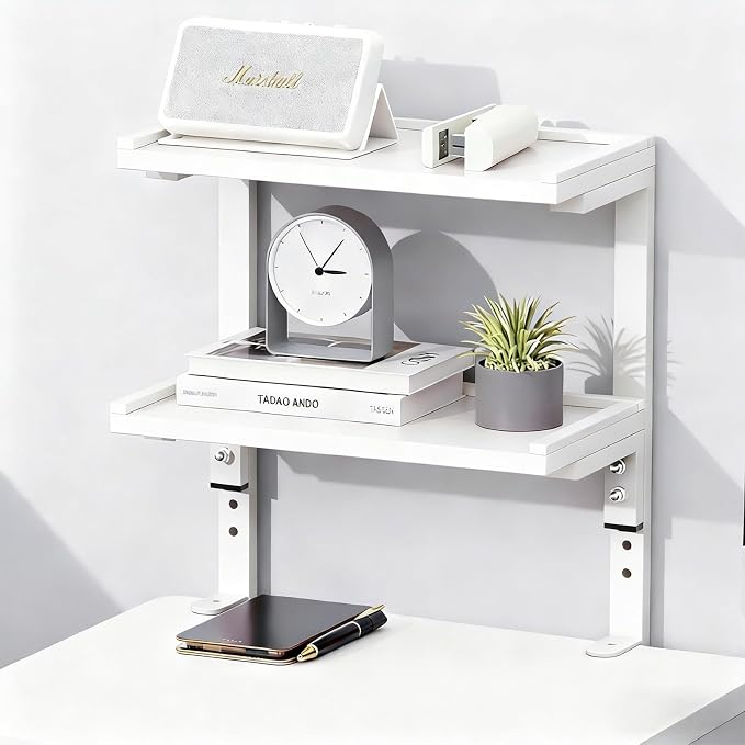 2-Tier Desk Shelf, Expandable Under Desk Storage, Clamp on Desk Shelf, Desktop Accessories for Offices, Study Rooms, and Game Rooms (White)