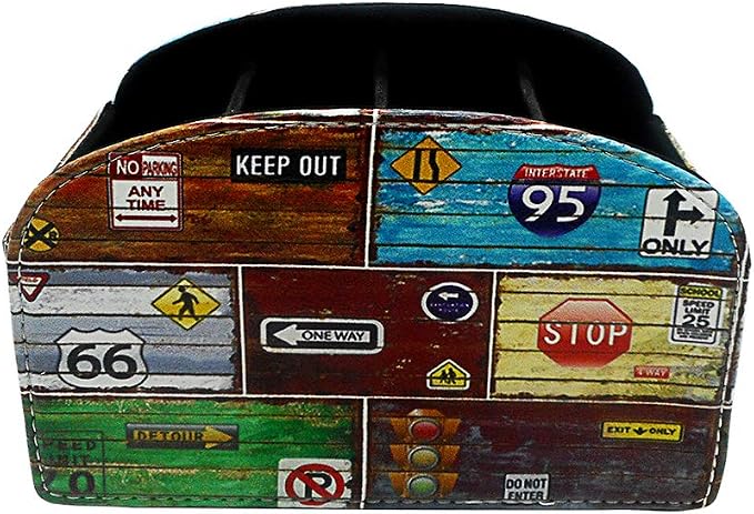 Remote Control Holder Organizer - Leather Table Desk Storage with 5 Spacious Compartments (Road Sign)