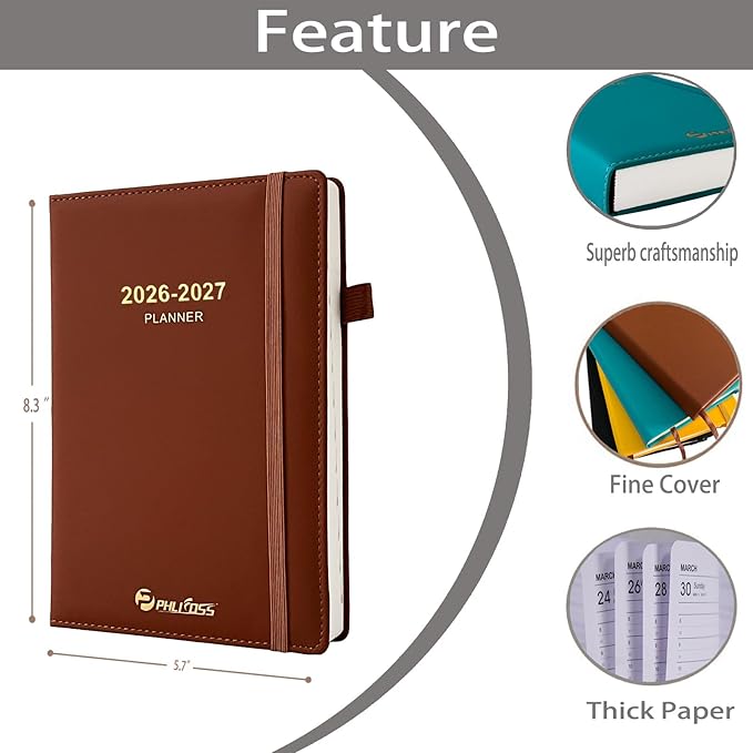 Daily Planner 2026-2027, Academic Calendar(July 2026 - June 2027) - One Page Per Day, Daily Monthly Agenda, 5.7" x 8.3" Appointment Book with Hourly Schedule and Monthly Tabs (Brown)