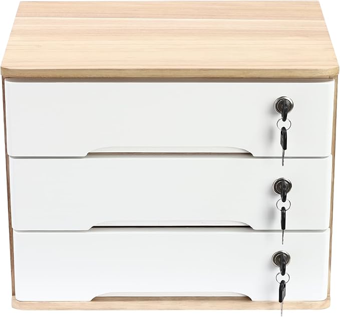 Lockable Desk Organizer Wooden Desktop Drawers Office Flat Files Storage Box Locking Countertop Storage Cabinet (Wood Color + White, 3-Tier)