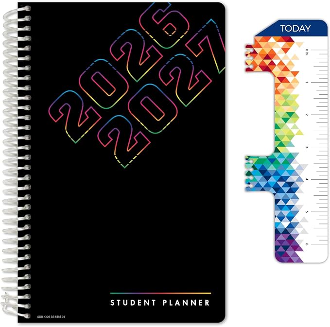 Global Datebooks 2026-2027 Middle & High School Student Planner 5.5" x 8.5" - Dated Weekly & Monthly Academic Planner with Ruler/Bookmark & Stickers, Ideal for Homework, Block Style, Neon Numbers