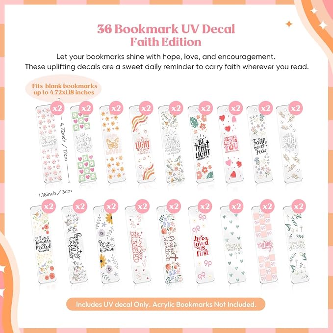 Kaciola 36 Sheets Faith Theme UV DTF Bookmark Wraps, Acrylic Bookmark Blanks UV DTF Stickers, Rub on Transfers for Book Lover DIY (Blank Bookmarks Not Included)