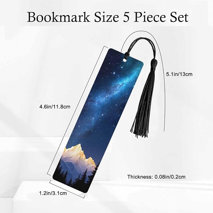 Starry Night Bookmarks 5 Pcs Sparkling Stars Mountain Tree Space Wooden Bookmark with Tassels for Reading Book Lovers Gift Office School Readers Teacher