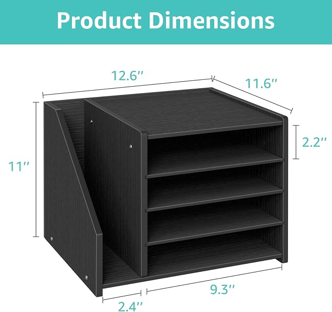 4-Tier Black Wood Desk Paper Organizer, Modern Desktop Letter Tray for File Folders, Black Office Desk Shelf Accessories & Workspace Organizers for A4 Documents, Sturdy Wood Sorter Orgnizer Shlef