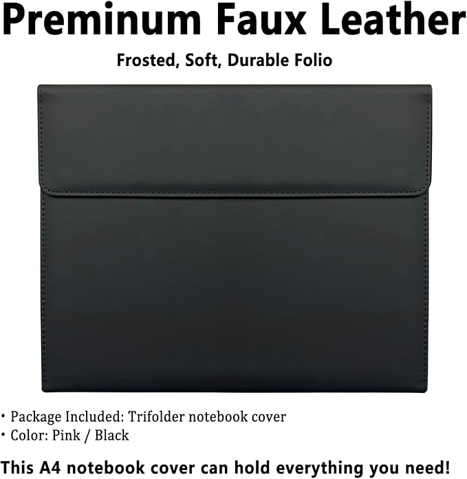 Triple Portfolio Folder Notebook Cover for 8.5 x 11 Daily Planner, Soft Leather Padfolio A4 Business Binder Legal Writing Pad Document Organizer for Present Gift Kid Men Women Black