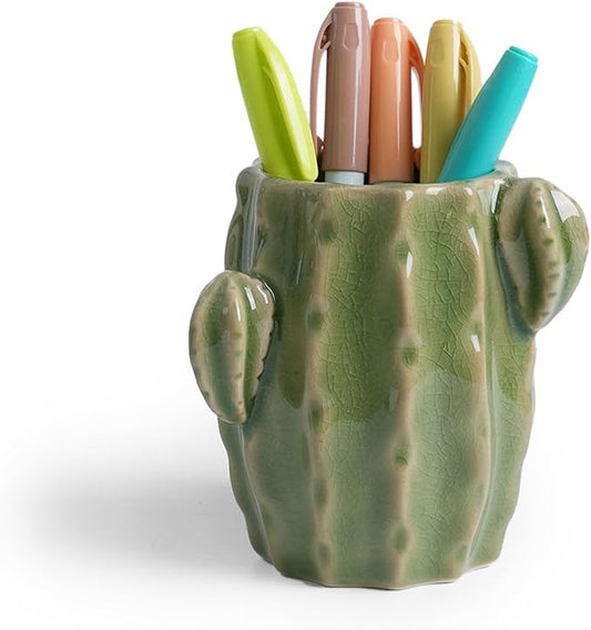 Ceramic Cactus Pen Holder, Cactus Decor Cute Pencil Holder, Makeup Brush Holder for Home, Office Desk Accessories(Light Green Cactus)