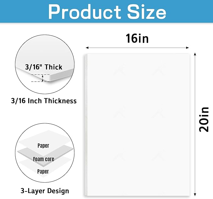 Foam Board 16x20 Inch, 3/16 Inch Thick, 12 Pack, White Foam Core Board, Strong & Rigid, Double-Sided Large Poster Board for Crafts, School Projects, Painting, Presentation & Display
