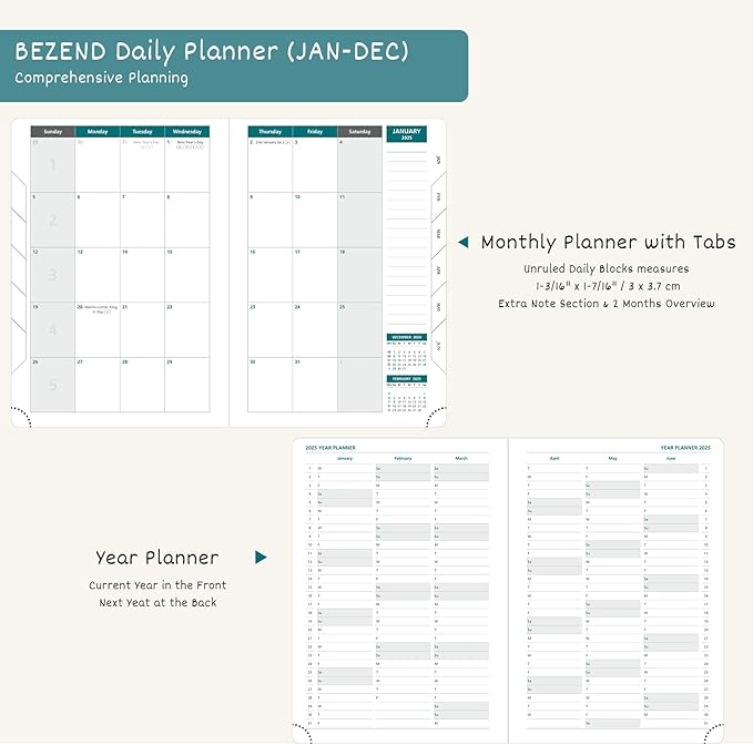 BEZEND Daily Planner 2026 (6" x 8.5") Full Page per Day Even Weekend (Jan-Dec) Monthly Calendar with Tabs, 2 Columns for Dual Schedule with Note, Vegan Leather Hardcover in Dutch Blue