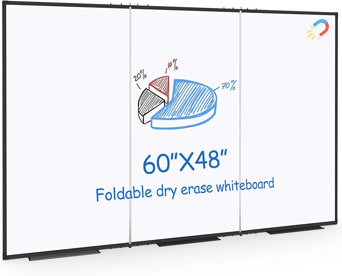 Large White Board for Wall,Magnetic Dry Erase Whiteboard,Foldable 60x48 Inches,Black Aluminum Frame, with 3PCS Detachable Marker Trays for Office and Home
