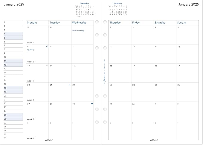 Filofax Calendar Diary Refill, A5 Size, Month-to-View, White Paper, English, 2025 (C68510-25)