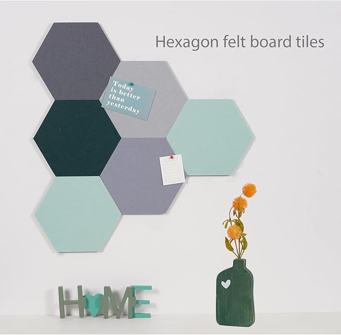 10Pcs Self Adhesive Felt Board Tiles Hexagon Bulletin Board for Walls, Felt Cork Pin Board for Pictures Photos Memos with Push Pins (Color G)