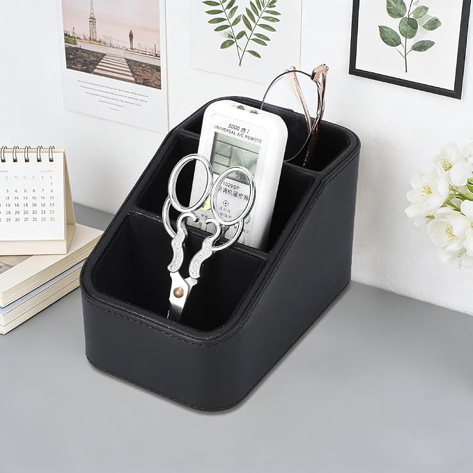 UNICRAFTALE PU Leather Remote Control Holder Organizer 3-Grid Desk Organizer Bedside Table Caddy Remot Organizers for TV Remote Pen Glasses Office Supplies Home Decor Black 6.69x3.94x3.94 Inch