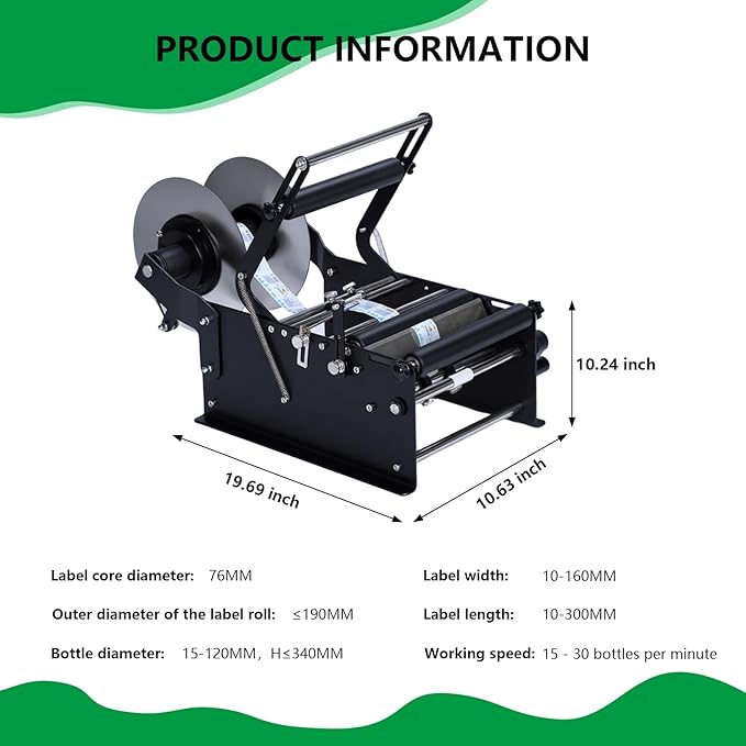 Manual Bottle Labeling Machine with Handle - Self-Adhesive Sticker Label Applicator 15-30 Bottles/Min, Adjustable for PET Plastic Glass Metal Bottles, for Wine, Beverage, Cosmetic Packaging