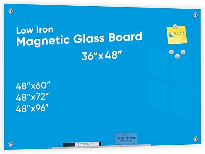 Frameless Magnetic Glass Board 36" x 48", Blue Surface Glass Board - Includes Magnets, Markers, Marker Tray, Eraser for Home & Office by Fab Glass & Mirror
