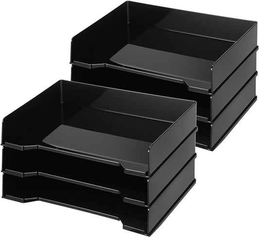 DoubleFill 6 Pcs Stackable Letter Tray Rectangular Plastic Desk Organizer 13 x 9.5 x 2.6 in Paper Holder File Tray Accessories Rack for Desktop Office Desk Drawers (Black)